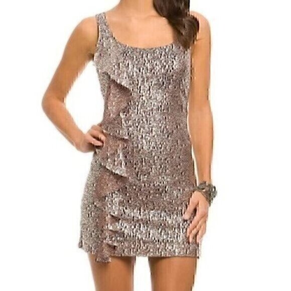 GUESS Mauve Brown / Purple Silver Metallic Sleeveless Ruffle Party Mini Dress 3 - Picture 1 of 12
